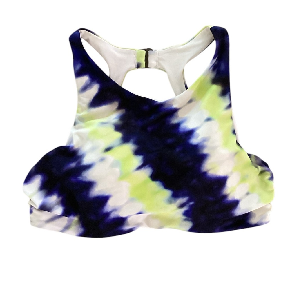 Athleta swim top high neck bikini size 36 B/C blue yellow tie dye